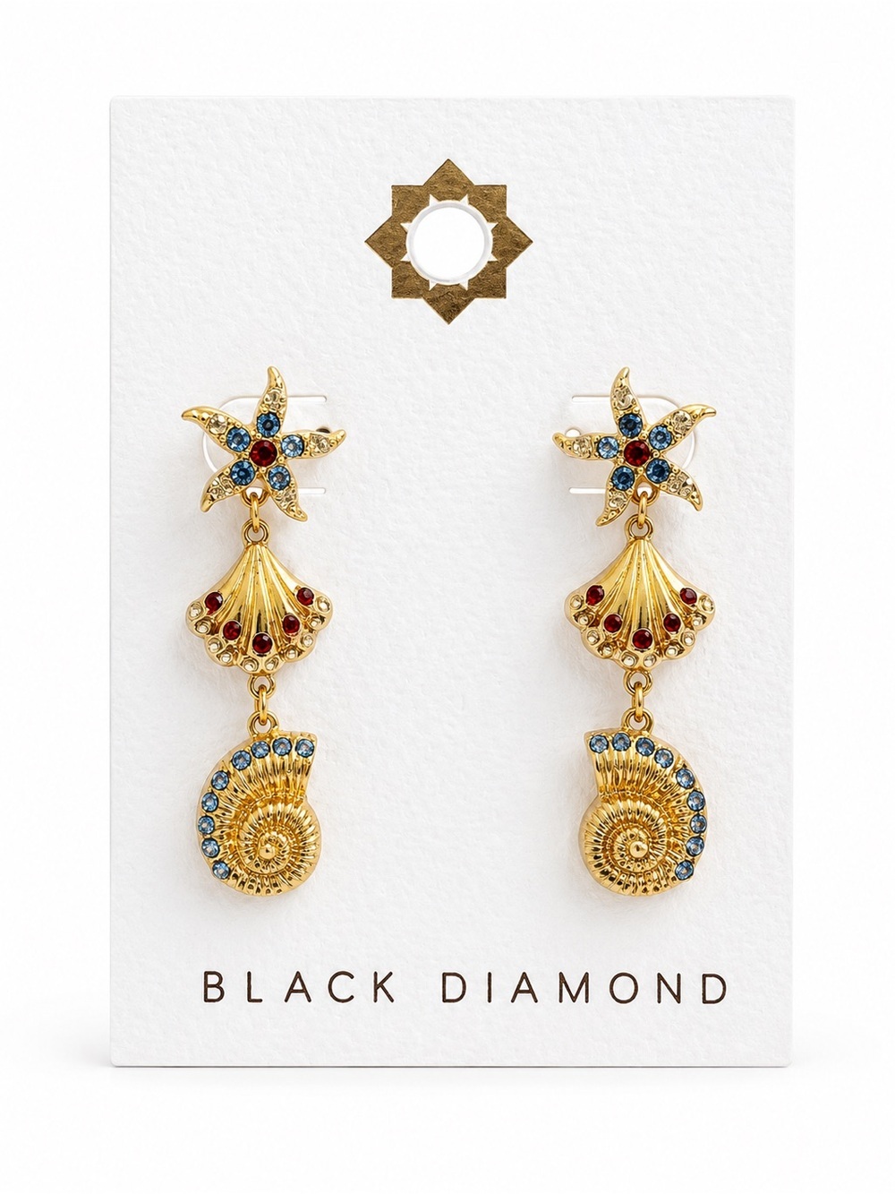Black Diamond Coastal Starfish Shell Dangle Earrings Gold Tone Nautical NWT